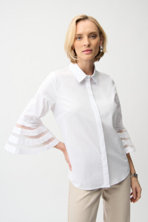 Joseph Ribkoff - Exklusive weiße Designer-Bluse aus Stretch-Popeline mit Organza-Glockenärmeln